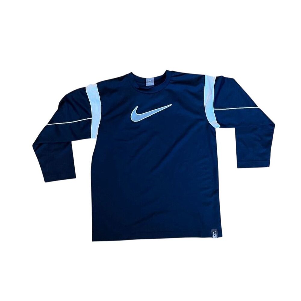 Vintage Y2K Nike Men's Long Sleeve T-Shirt Navy Blue Size S Graphic Print